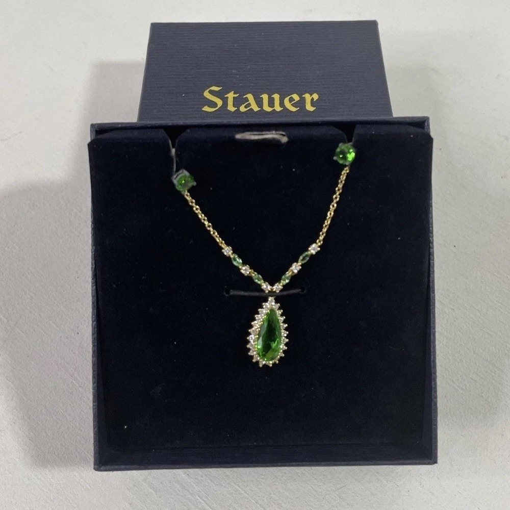 Helenite Tear Drop Necklace & Stud Earrings Set Stauer Gold Over Sterling Silver